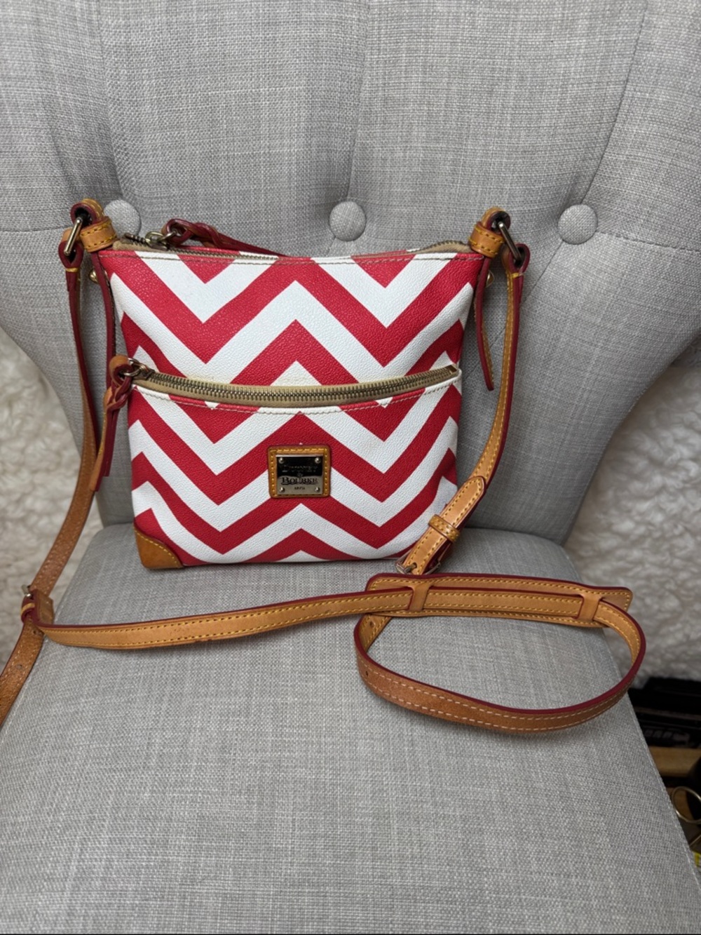 Dooney & Bourke Red and White Chevron Crossbody with Tan Strap